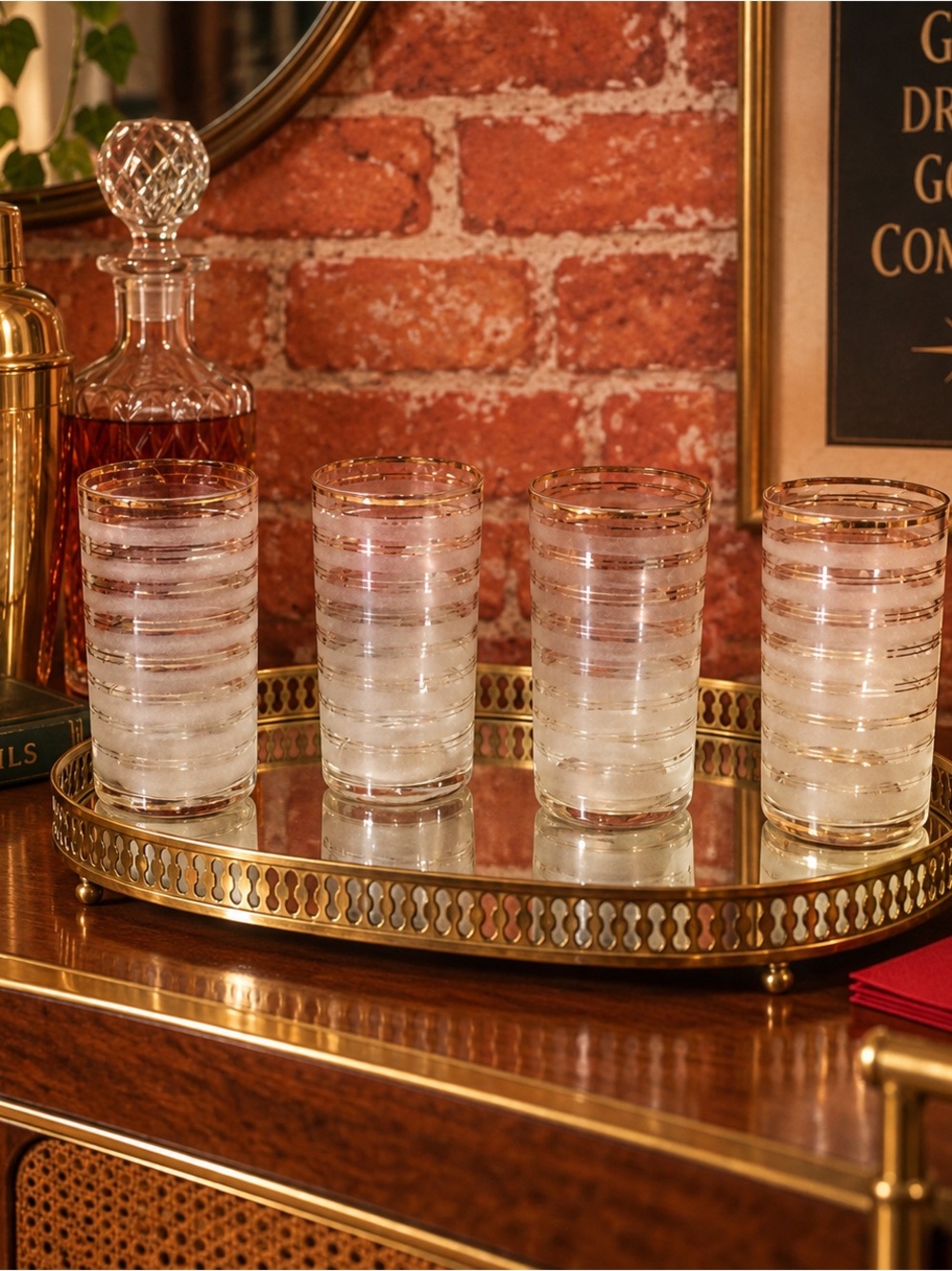 Vintage MCM Set of Four Gold-Rimmed Frosted Glass Tumblers